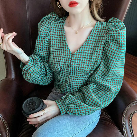Women's Spring and Autumn Long-sleeved Shirt V-neck Puff Sleeve Short Top