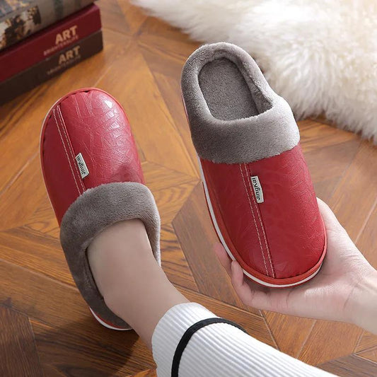Women Unisex Winter Home Slippers Leather Waterproof Non Slip Slippers Plush Warm Indoor Flat Non-slip Slippers
