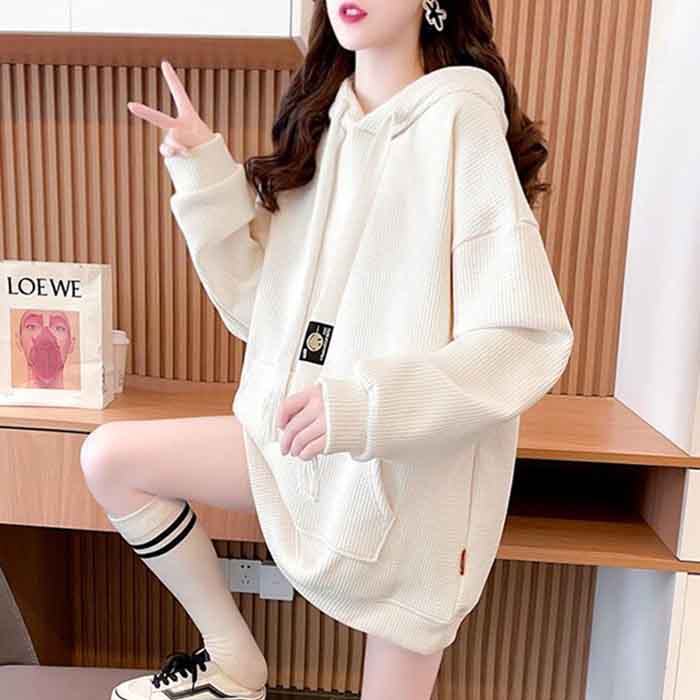 Sweatshirts Women's Waffle Hooded Mid-length Spring and Autumn All-match Large Size Loose Top