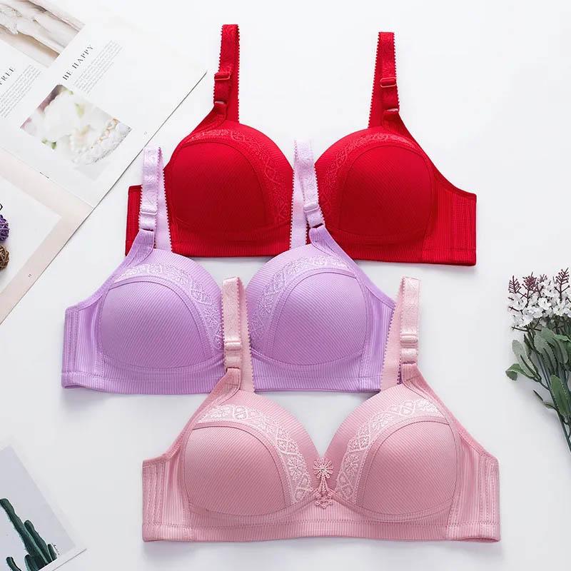 Large Size No Steel Ring Full Cup Cotton Lace Jacquard Thin Bra Gathering Sexy Breathable Sweat-absorbing Adjustable Shaping Bra