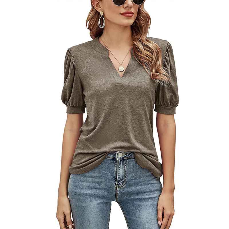 T-shirt Ladies Top Summer Casual V-neck Solid Color Puff Sleeve Loose T-shirt Shirt