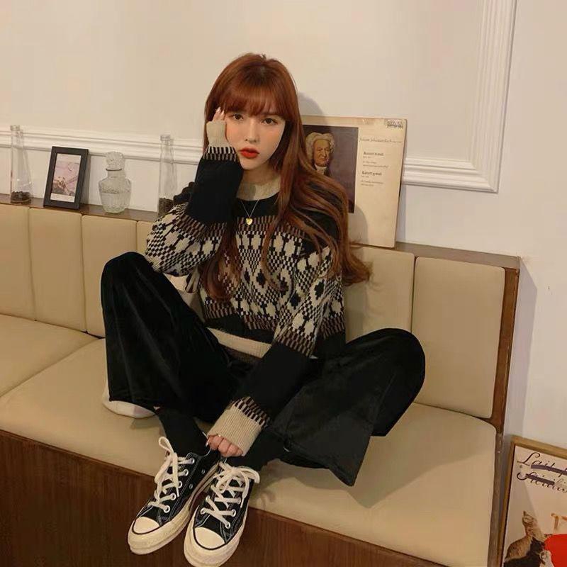 Sweater Autumn  Winter Loose Long-sleeved Women's Fashion Retro Round Neck Casual Padded Pullover Knitted Top