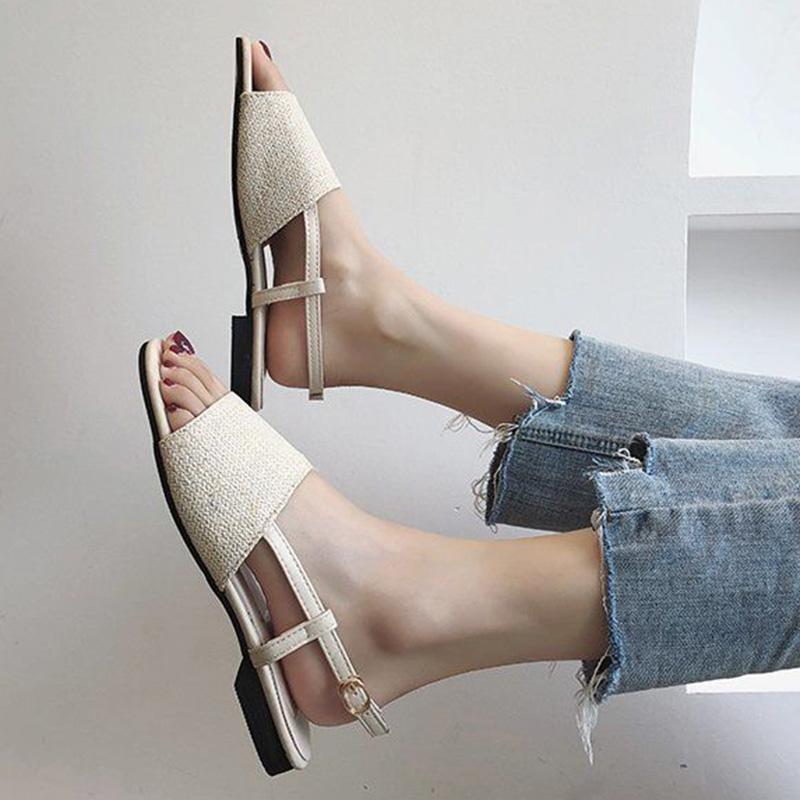 Flat Sandals Women's Summer Korean Fashion Straw Braided Buckle Open Toe Sandals All-match Student Sandals