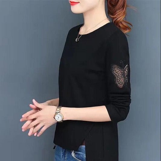 Spring and Autumn Pure Cotton Long-sleeved Foreign Style T-shirt Women's Korean Version Hollow Embroidered Irregular High-end Top