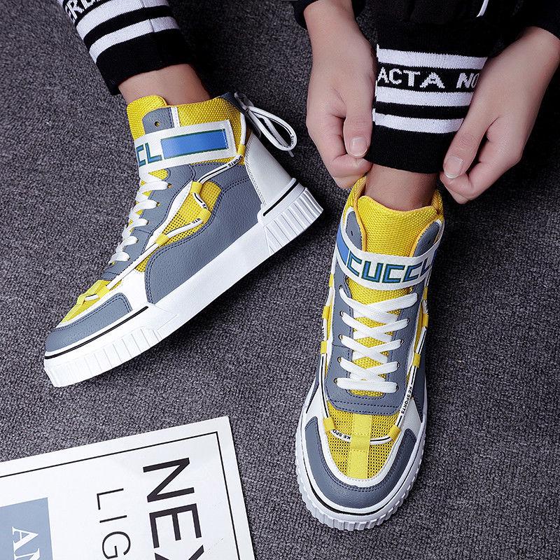 Spring Autumn Men High-top Vulcanized Shoes Canvas Shoes Lace Up Letter Prints Buckle Casual Thick Sole Shoes for Men