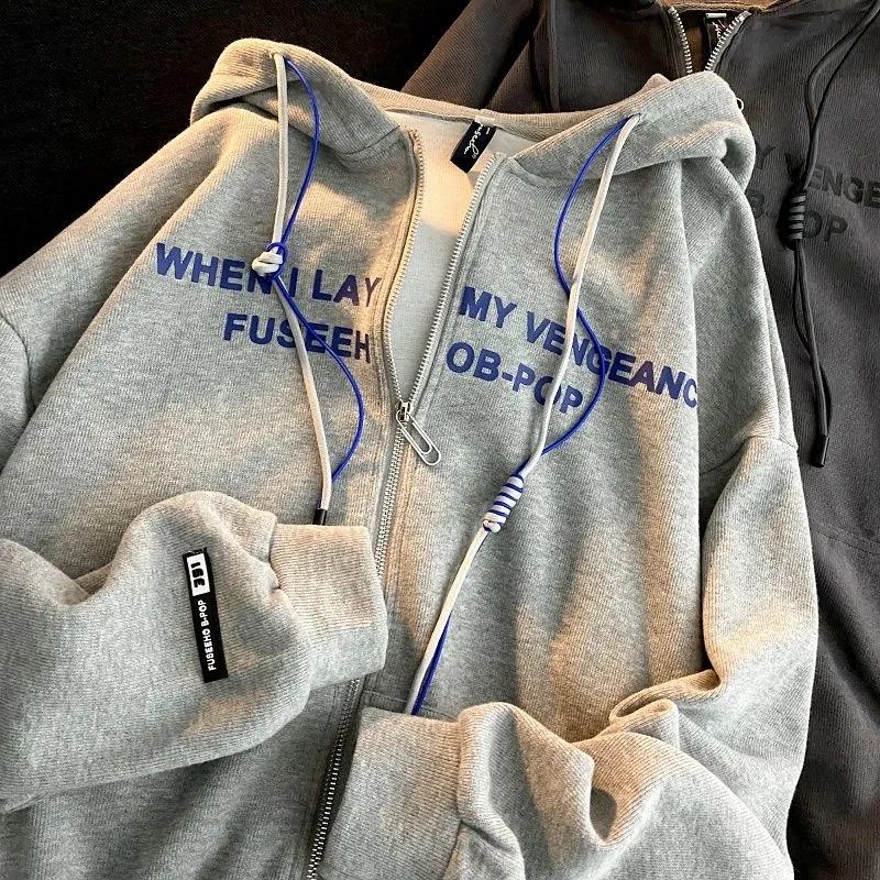 Women's Autumn and Winter Fleece Thickened Hooded Sweater Student Loose and Lazy Style Zipper Jacket Ins Casual Printed Jacket Fashion Cardigan
