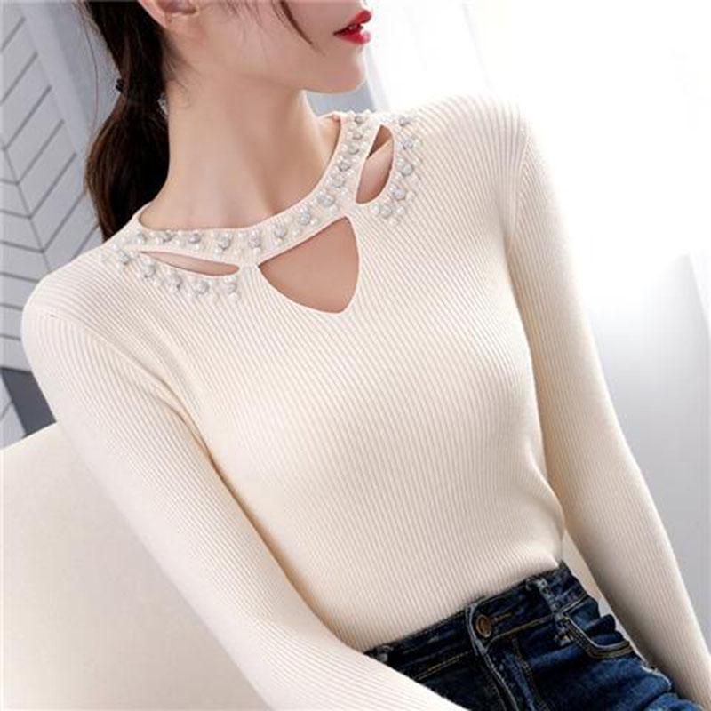 Pofulove Women hollow Pearl Beaded O-Neck Sweater Long Sleeve Slim Knit Pullover Sweater for Winter