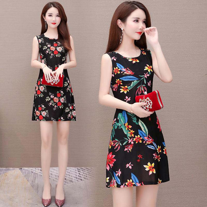 Brand Dress Round Neck Women Casual Flower Short Sleeve Skirt Sunmmer  Beach High Waist