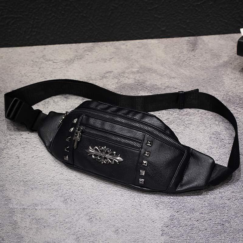 Waist Bag Men's Waterproof with Headphone Hole Rivet Crossbody Outdoor Sports Hip Hop Shoulder Bag