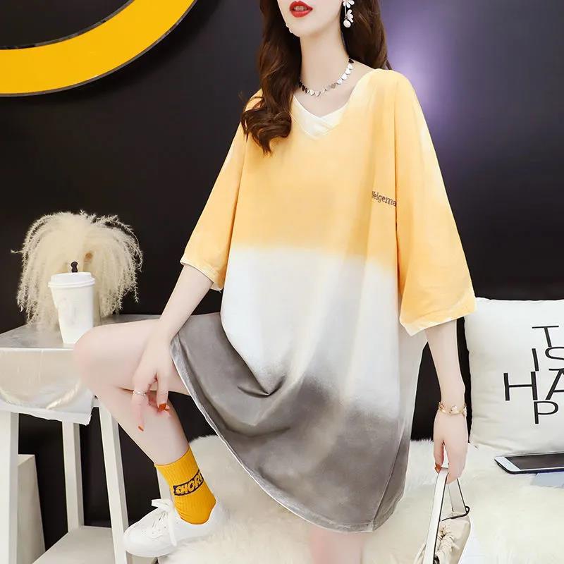 T-shirt Dress Stitching Color Gradient Women Dress Girl Loose V-Neck Batwing Sleeve Casual Long  Big Loose Home Comfort Outer Convenient