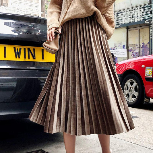 Gold Velvet Pleated Skirt Skirt New Large Size Velvet Long Skirt High Waist Mid-length Skirt Ladies A-line Skirt