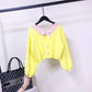 Spring and Autumn Short Sweater Puff Sleeve Waist All-match Blouse Sweet Style V-neck Female Blouse