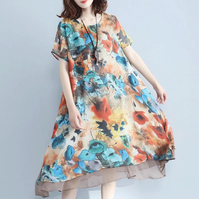Women's Clothing Chiffon Dress Large Size Loose Round Neck Short Sleeve Printing Mid-length