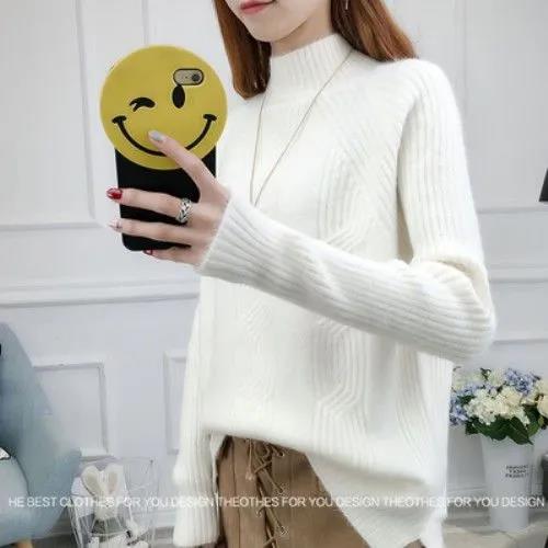 Half Turtleneck Pullover Sweater Korean Version Loose Thickened Solid Color Twist Knitted Bottoming Shirt for Women