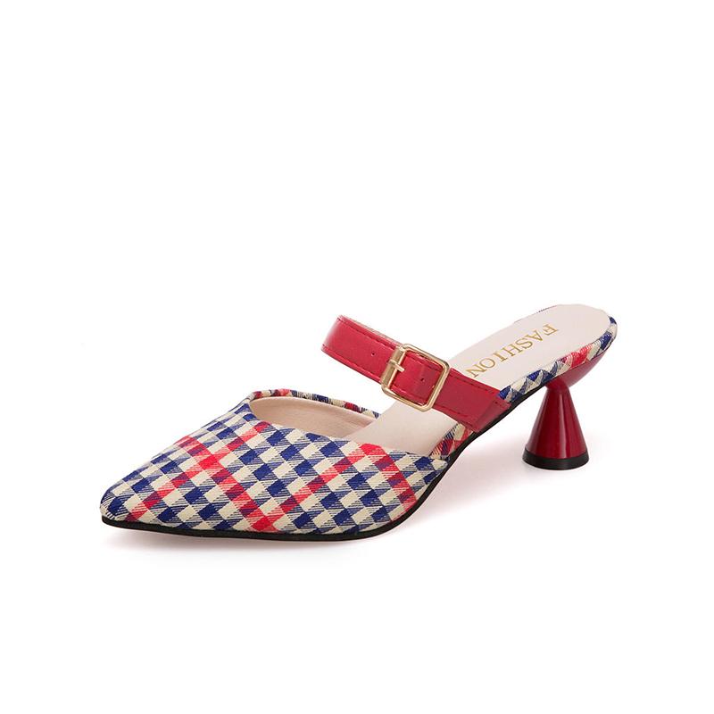 Spring/Summer Houndstooth Pointed Toe Shoes Wine Glass Heel Belt Buckle Slippers Female Korean Mid-heel Single Shoes