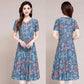 Women's Plus Size Loose Long Print Dress Slim V-neck A-Line Skirt