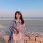 Purple Mid-length Woolen Coat Women Winter College Style Loose Tie Thickening Plus Cotton Woolen Coat Women