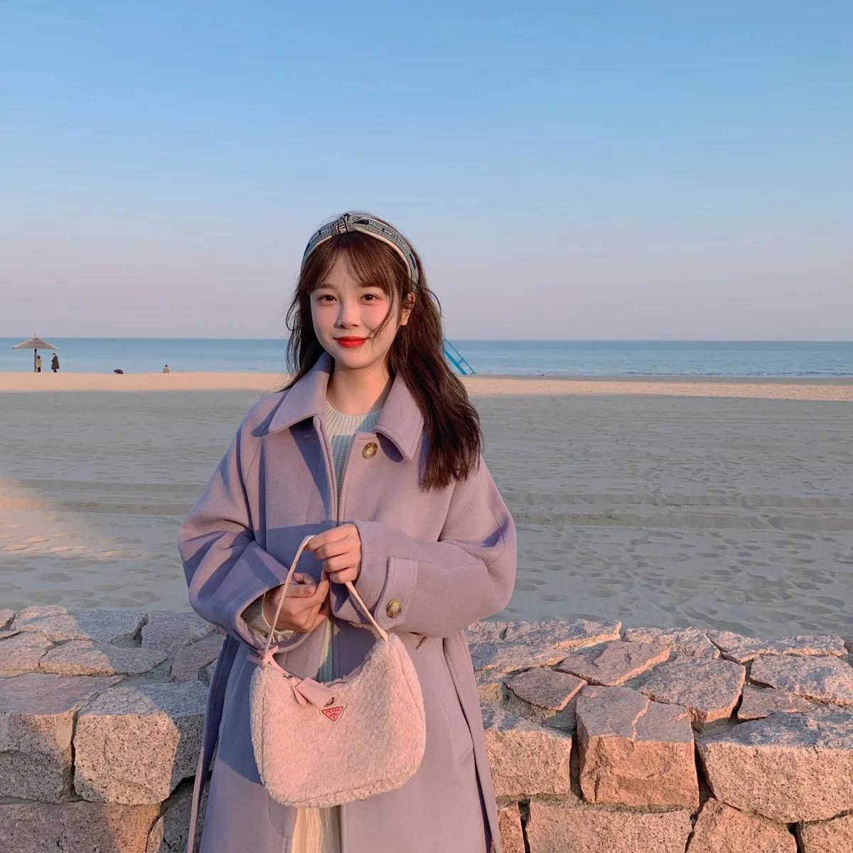 Purple Mid-length Woolen Coat Women Winter College Style Loose Tie Thickening Plus Cotton Woolen Coat Women
