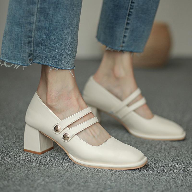 Single Shoes Women's Autumn One-step Thick Heel Casual Sweet Shallow Mouth Square Toe All-match Mary Jane Shoes Women