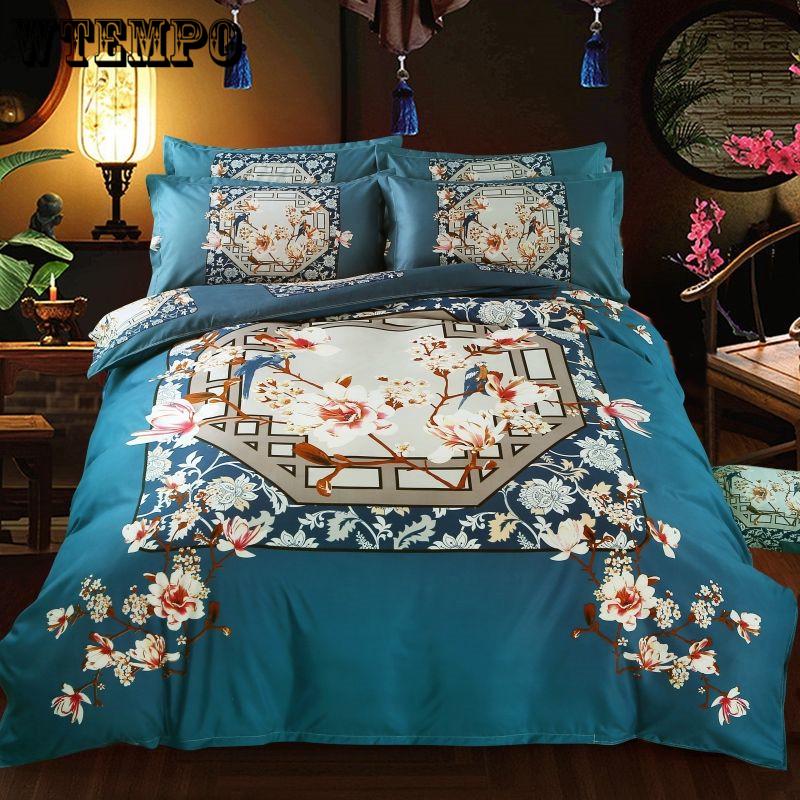 Decoration Flowers Printing Bedspread Pillowcase 4pcs Wedding Set Egyptian Cotton Soft