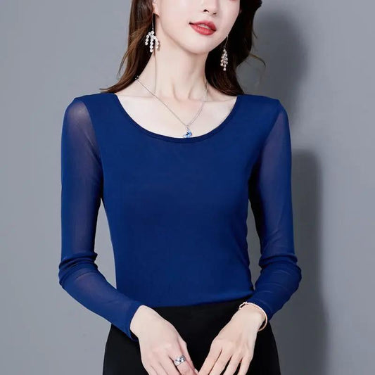 Women's Spring and Autumn Thin Bottoming Shirt Round Neck Solid Color Long Sleeve T-shirt