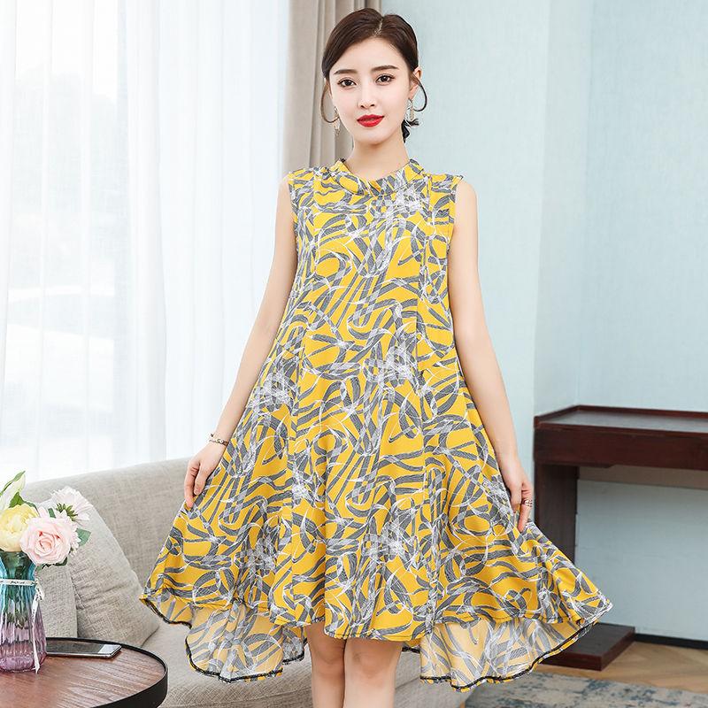 Women Cotton Silk Dress Summer Mother Sleeveless Mid-length Loose Large Home Night Skirt Beach Skirt