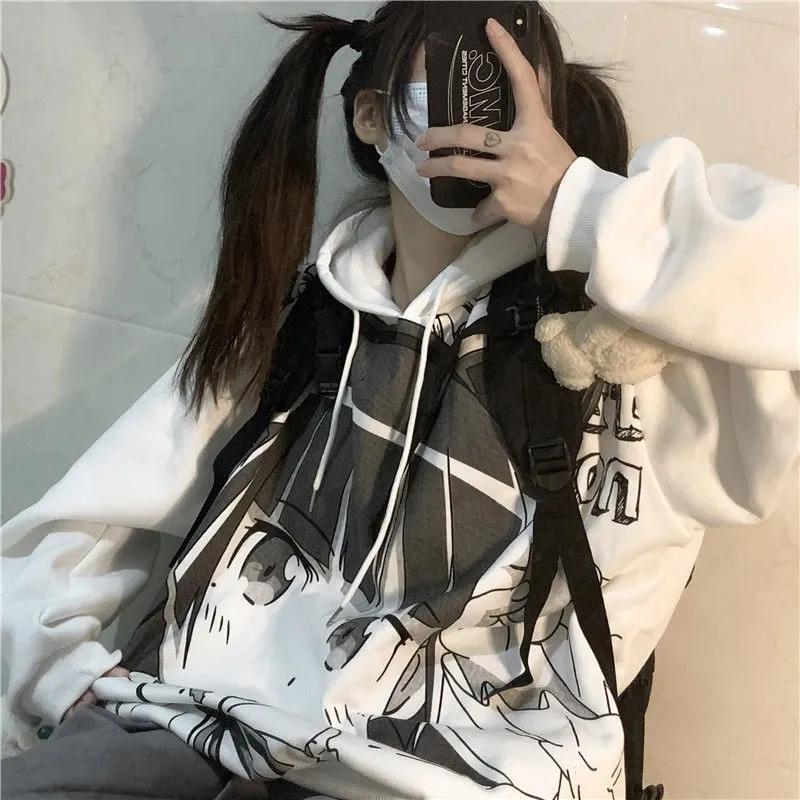 Winter Hoodies Women Anime Printed Fashion Oversized Pullover Sweatshirts Plus Size Loose Casual Hooded Tracksuit Harajuku White Sport Shirts