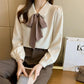 Doll Neck Ribbon Bow Solid Color Chiffon Shirt Shirt Women's Long Sleeve French Puff Sleeve Shirt Spring and Autumn