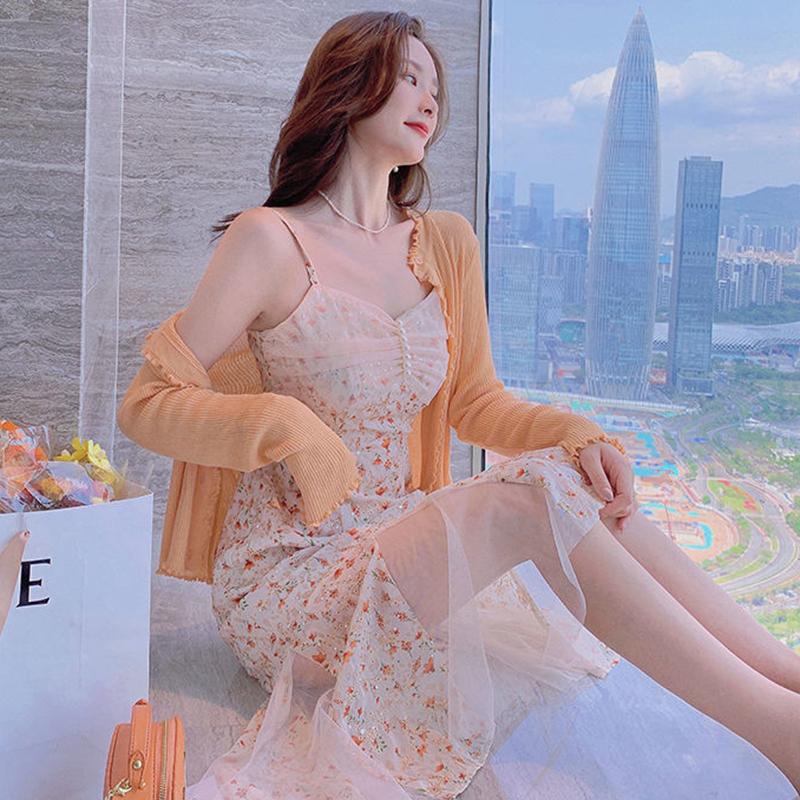 Floral Sling Dress Female Spring Summer Casual V-neck Sleeveless Mid-length Casual  Comfortable