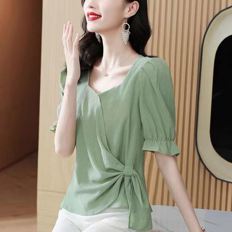 Large Size Shirt Women's Summer French Fashion Loose Square Collar All-match Short-sleeved Top