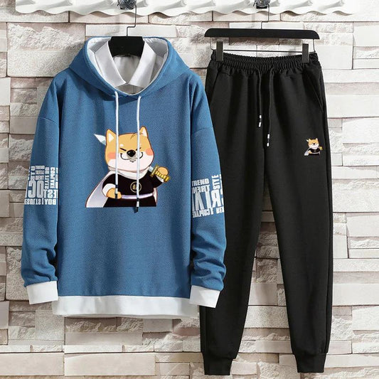 Spring & Fall Sweater Suit Bully Dog Print Men Sports Suit Casual Hooded Pullover and Pants for Teen Student