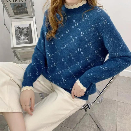 Faux Mink Fleece Sweater Thickened Warm Lace Half Turtleneck Knit Sweater Soft Loose Women's Plus Size Sweater