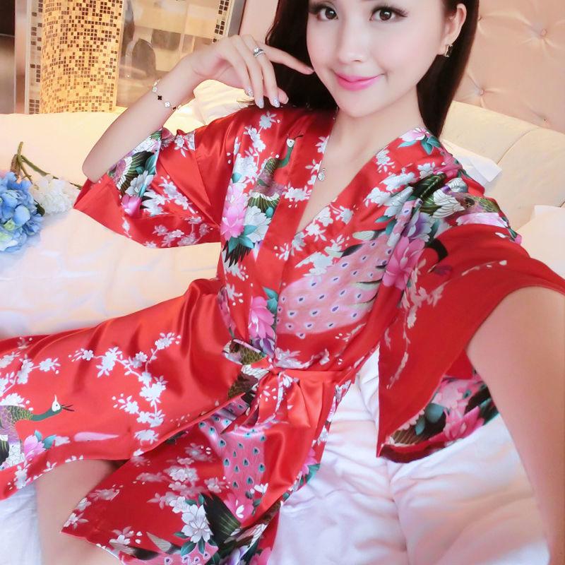 Women Sexy Silk Satin Knee Length Robe Bathrobe Peacock Floral Print Kimono Pajamas Cardigan