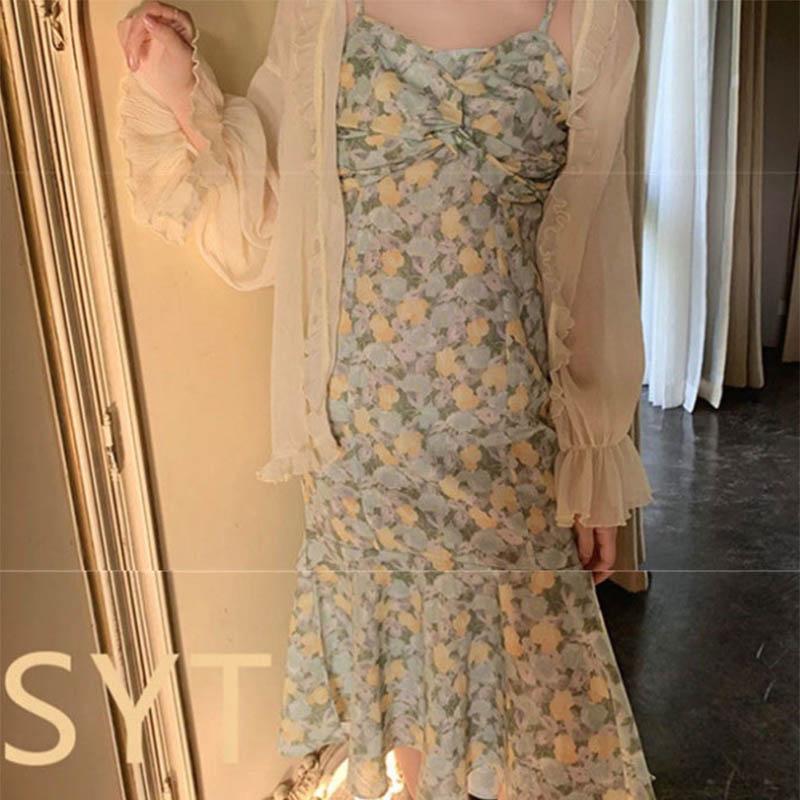 Ice Silk Sunscreen Women's Cardigan with Suspenders Skirt with Shawl and Chiffon Jacket