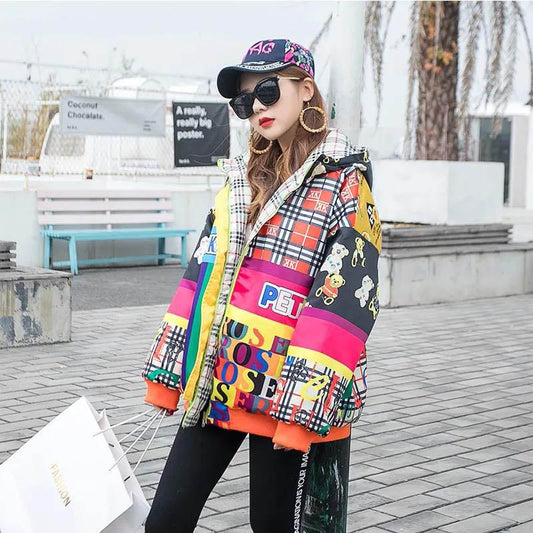 European Station Winter Print Cotton Coat Women Western Style Hooded Mid-length Coat Women