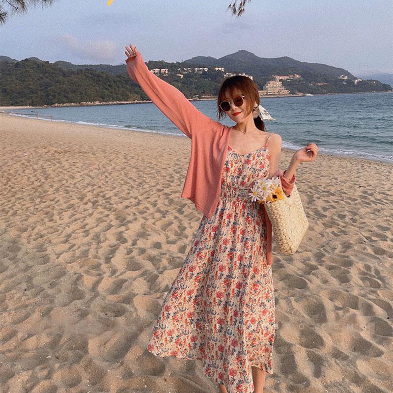 Sweet Tea Girl Chiffon Floral Sling Dress Summer Vacation Style Long Gentle Style Dress