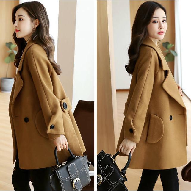 Woolen Solid Color Coat Women's Mid-length Korean Style Spring, Autumn and Winter Plus Velvet Small Short Woolen Coat