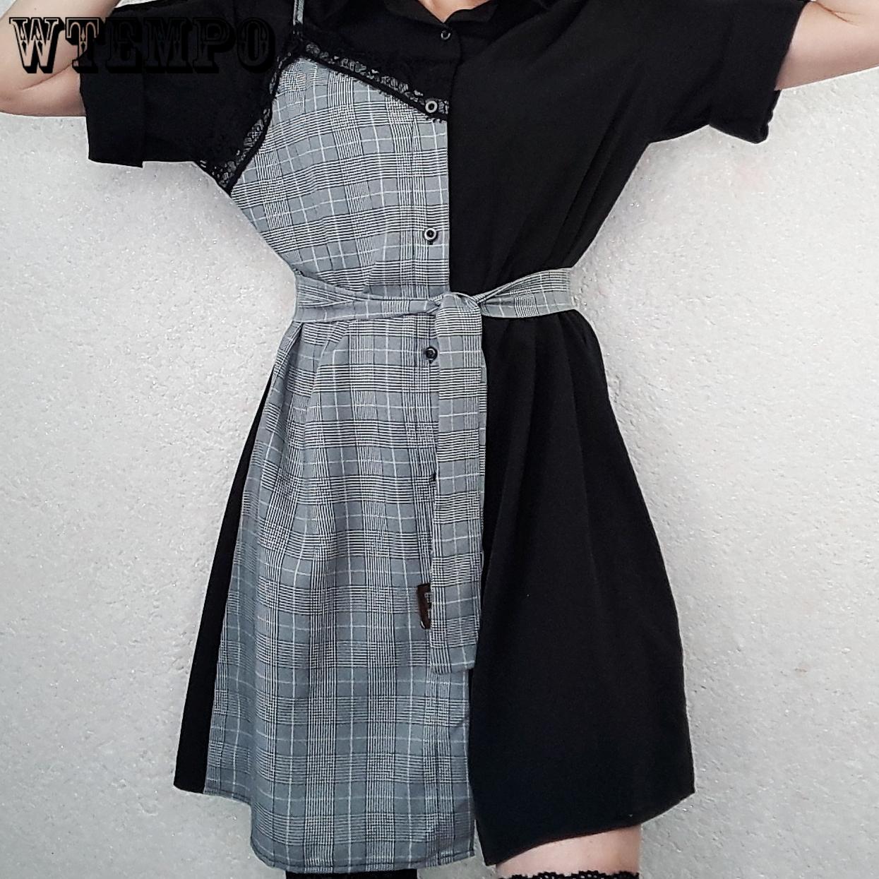 Summer Office Lady Black Dress Stitching Shirt Dress Simple Plus Size Dresses with Belt
