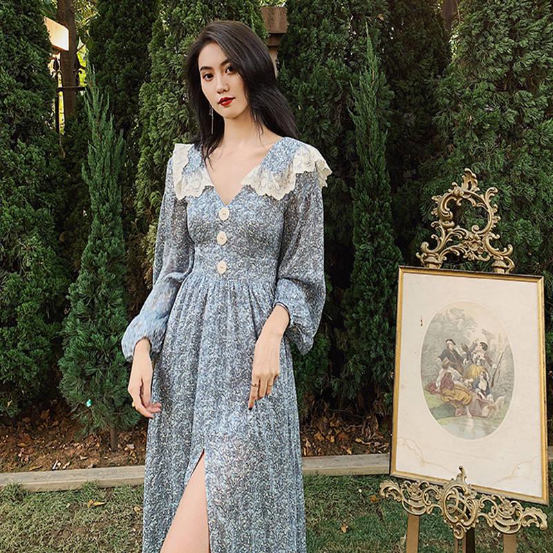Summer Women Dress for Ladies Long Sleeve Vintage Chiffon Shirt Dress Casual Floral Long Dress