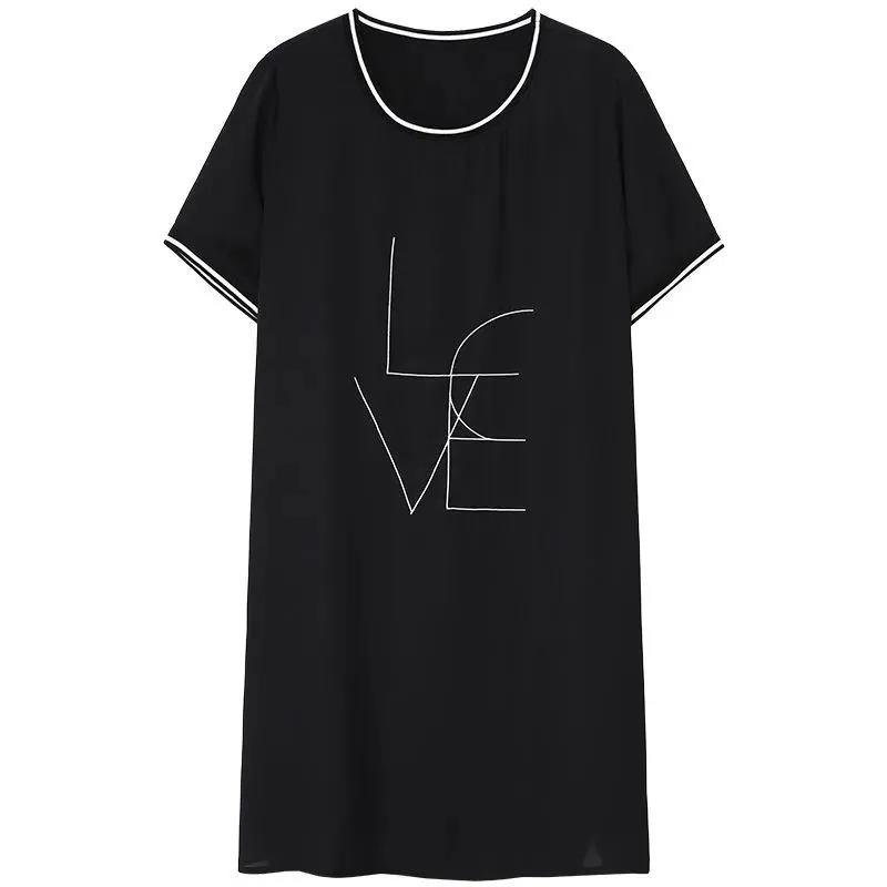 Cotton Mid-length Dress Women Loose Plus Size Summer T-shirt Skirt All-match Black Round Neck Short Sleeve Dress