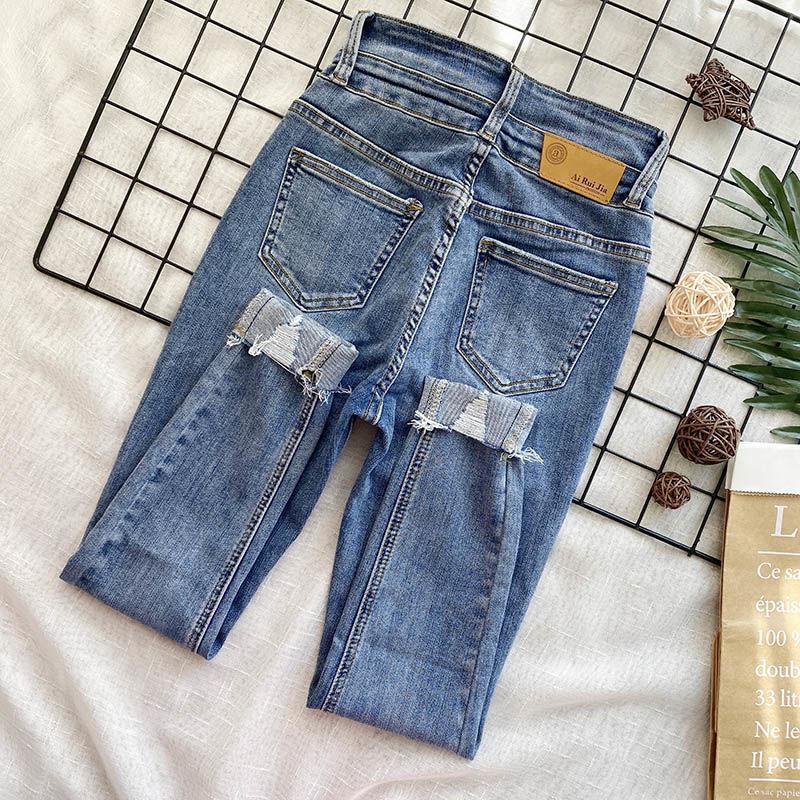 Women's Spring Jeans High-waisted Feet Tight-fitting Holes Look Thin Stretch Slim Pencil Pants Trend