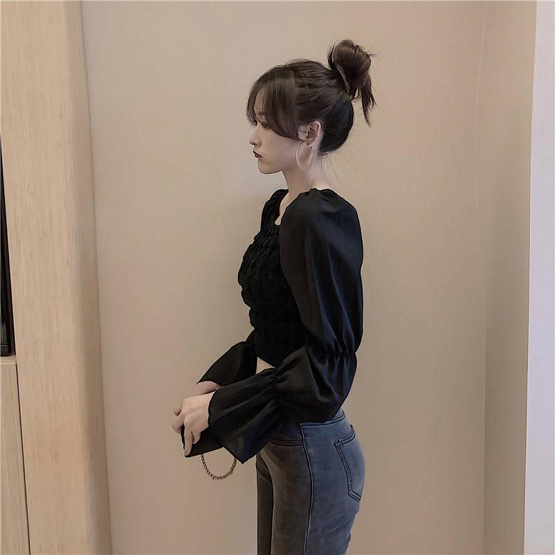 Pofulove Sexy Strapless Pullover Long-Sleeve Short Sweater Women Open Navel Slim Waist Knitwear