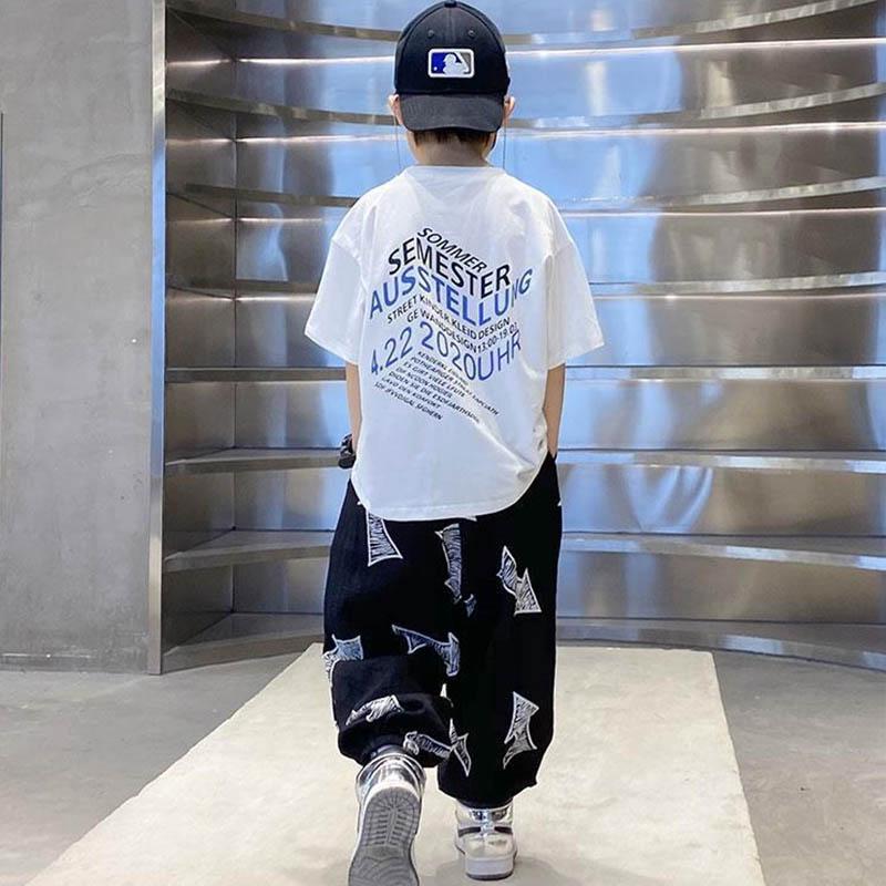 Thin Boys Summer Breathable Sweat-absorbing Short Sleeves + Loose Pants Suits Casual Street Dance Clothes Cool Children's Two-piece Set