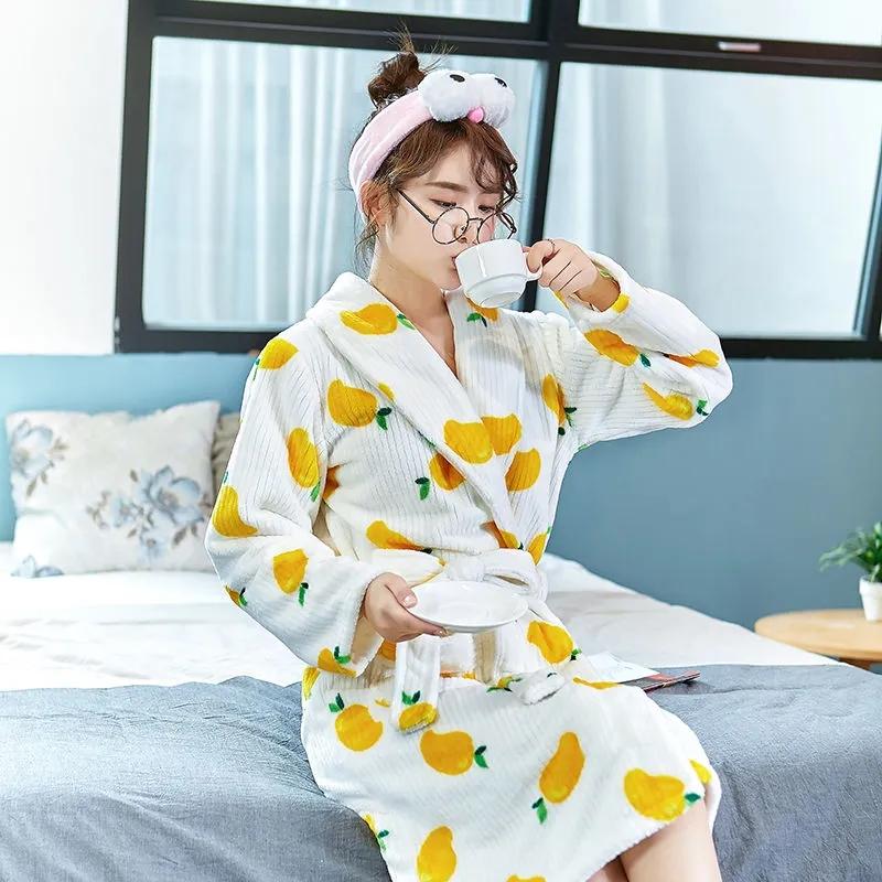 Women's Priting Nightgown Long Sleeves Bathrobe Coral Flannel Pajamas Dress Cute Cartoon Pocket Plus Velvet Thick Bathrobe with Belt
