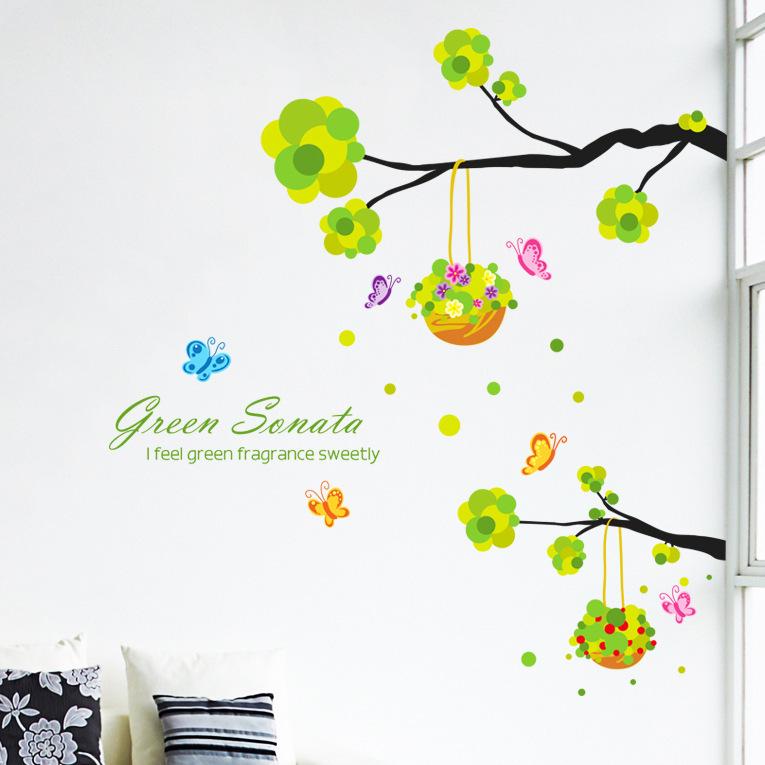 [Twig basket] third generation removable wall sticker PVC transparent green plants tree wallpaper