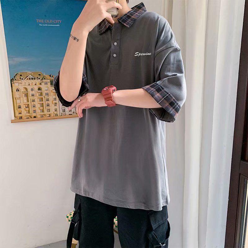 Fake Two-piece  Shirt Men's Short-sleeved T-shirt Summer Plaid Stitching Half-sleeved T-shirt Loose Men's Shirt