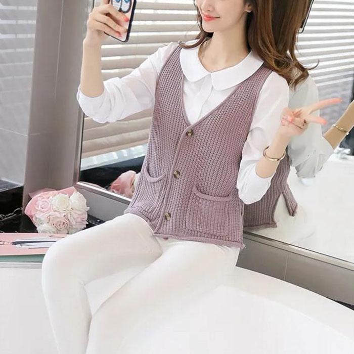 V-neck Waistcoat Fashion Vest Spring and Autumn Loose Knit Cardigan All-match Short Fashion Top