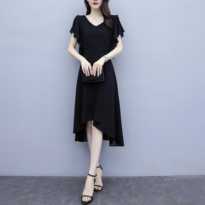 Summer Fashion Black Dress Loose Large Size Casual Slim Chiffon Dress Ruffled Short-sleeved Over-the-knee Skirt