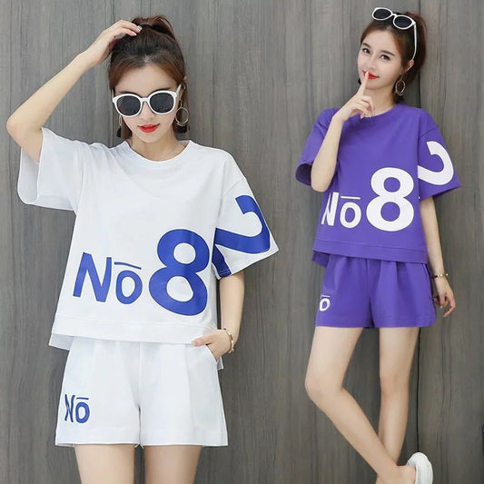 Pure Cotton Casual Sportswear Suit Women's Summer Printing Loose Short-sleeved Shorts Running Two-piece Home Comfort Suit