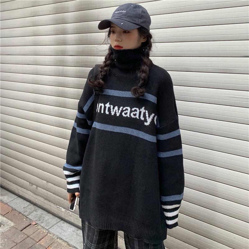Turtleneck Color Matching Alphabet Sweater Schoolgirl Loose Wild Thick Sweater Winter Coat